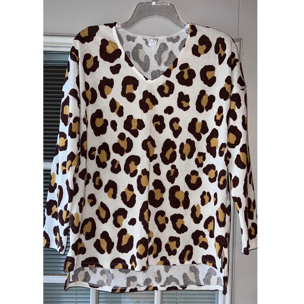 Boutique Women Leopard Print V-Neck Knit‎ Top Brown Cream Oversized High-Low hem